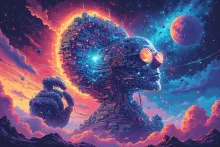 A high-quality photo of a robotic arm with a camera/light system mounted on the end, positioned over a conveyor belt with electronic components on it.